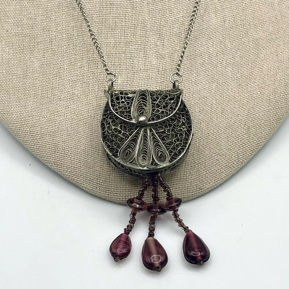 Antique Silver Filigree Purse Pendant Necklace With Amethyst Accents - Picture 4 of 15
